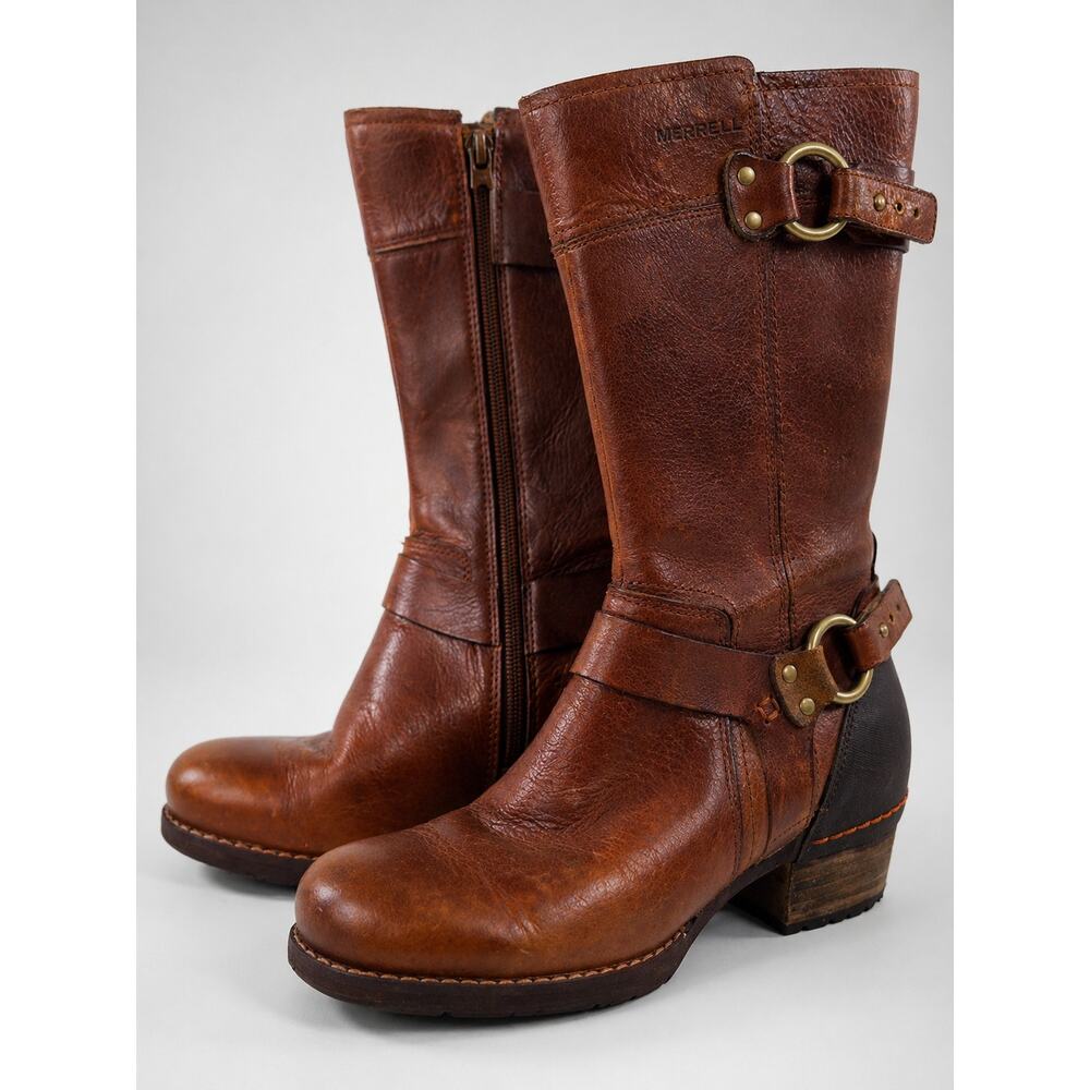 Merrell Brown Leather Harness Moto Boots Women 6 Riding Rustic Youth 4 4.5